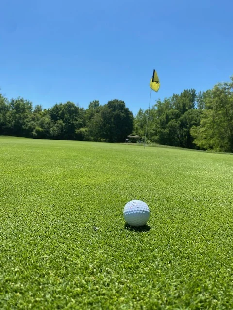 Golf ball on a beautifully conditioned green with the pin flag in the distance at Silver Spring Golf Club