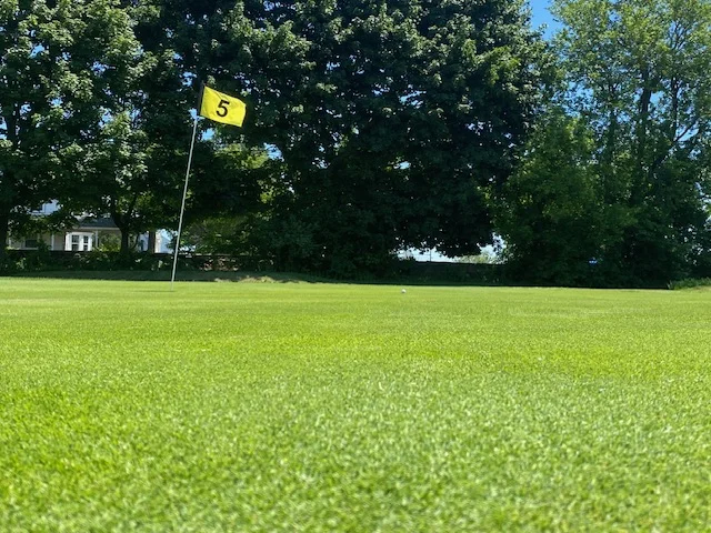 Hole 5 yellow pin flag and tightly mown putting surface at Silver Spring Golf Club in Riverside RI